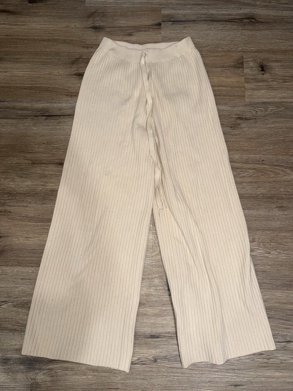 LUMIERE Cream Ribbed Knit Wide Leg Pants Large Womens Drawstring Loungeweard